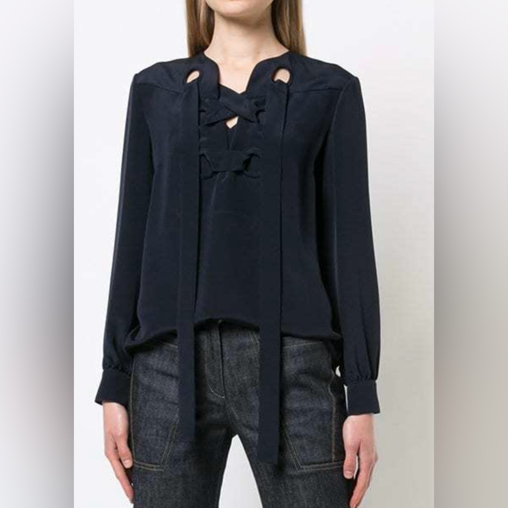 - Derek Lam Sarah Navy Tie Neck Blouse Nwt Size